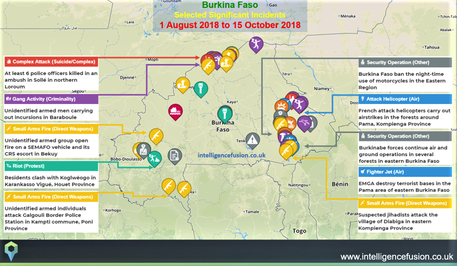 A map depicting select significant terror attacks across Burkina Faso between August and September 2018.